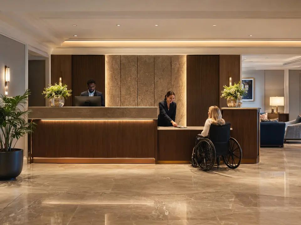 Integrated accessible service position at a hotel reception counter