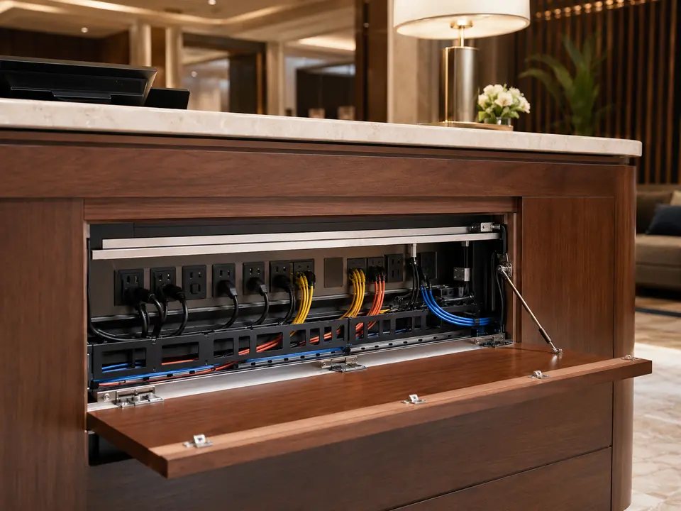 Organized power, data and cable planning behind a front desk
