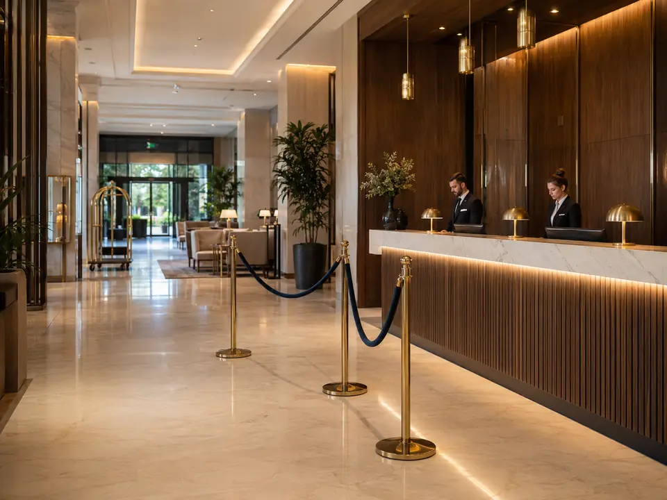 Flexible and accessible hotel lobby queue flow