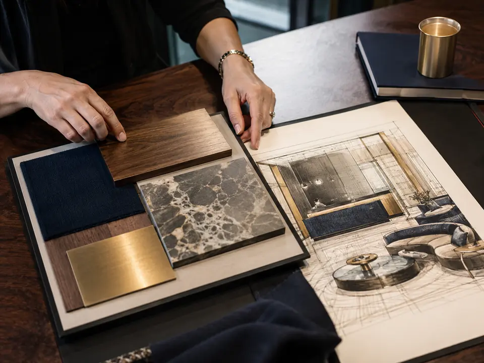 Finish and material coordination for a hotel reception renovation
