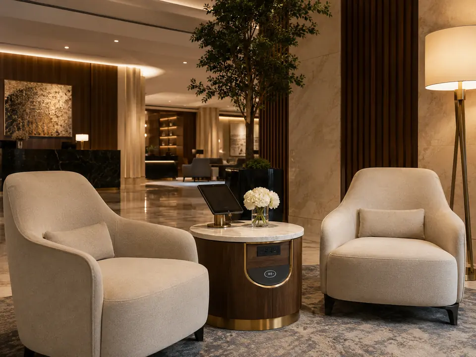Hotel lobby waiting and guest connectivity zone