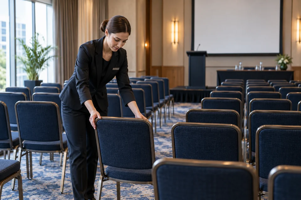 An event staff member aligning chairs in a theater style hotel seminar room