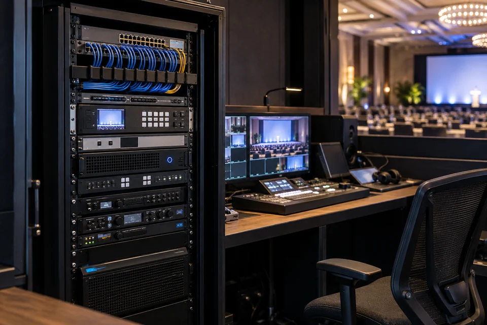 An organized av control rack with neatly routed cables in a conference technical booth