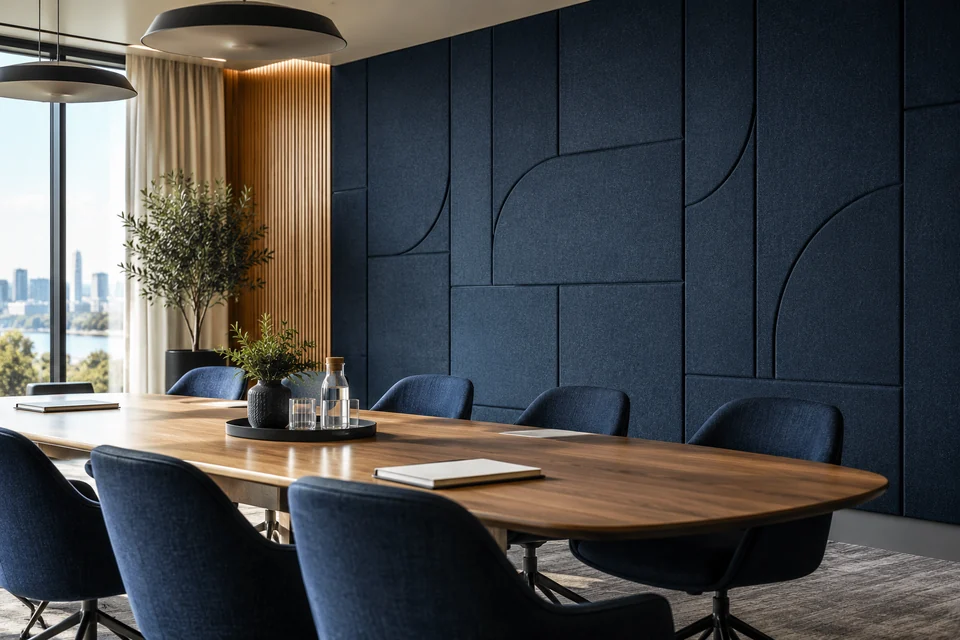 An acoustic wall panel detail in a stylish meeting room with soft daylight
