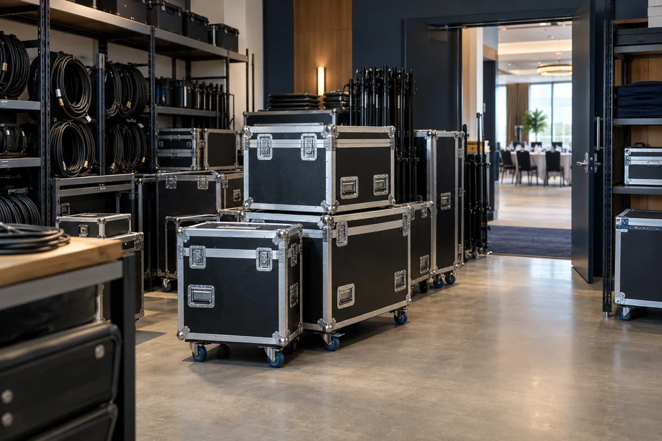 Organized black av flight cases prepared in a hotel event equipment storeroom