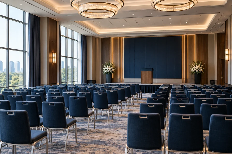 A new hotel conference hall ready for its first event with pristine rows of navy chairs facing a lectern, wide architectural view