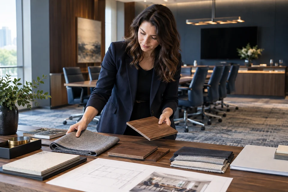 A designer inspecting walnut tabletop material samples and gray acoustic fabric on a conference renovation worktable