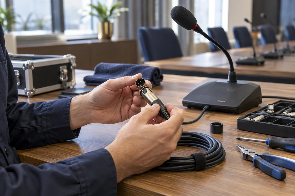 A technician inspecting a conference microphone cable connector on an orderly service bench