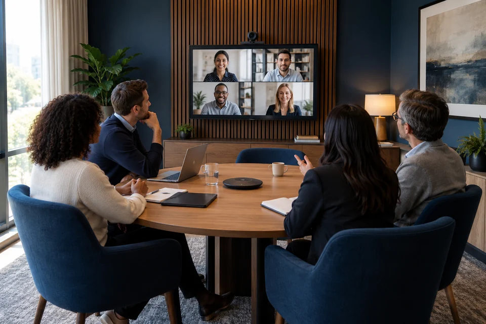 A small hybrid meeting room with a camera over a monitor at the end of a round table