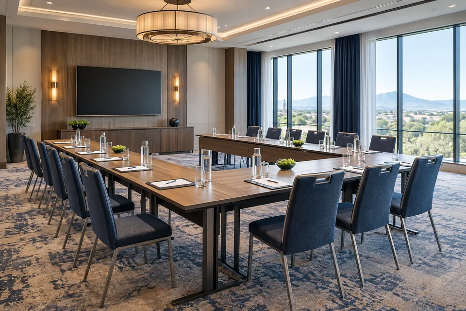 A u shaped conference table arrangement in a bright hotel seminar room, wide continuous interior photograph