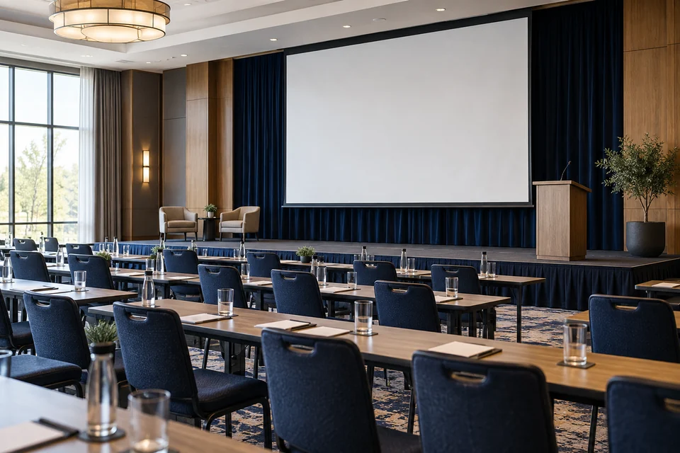 A hotel conference presentation stage with a white screen and a discreet lectern, 