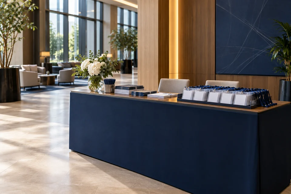 An elegant conference registration foyer with an unattended registration counter and blank badge holders