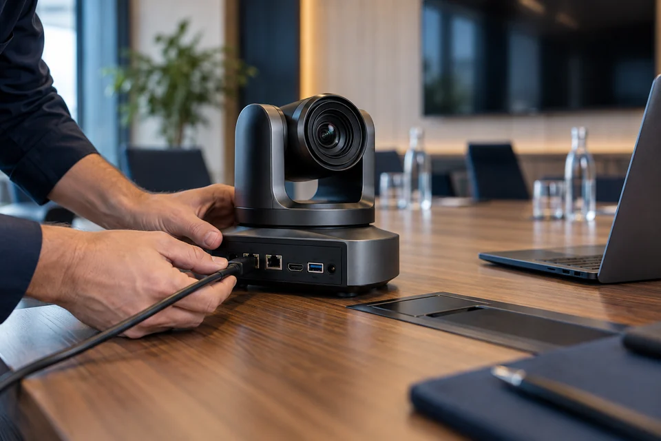 Close view of a conference camera and connection ports being checked by a technician
