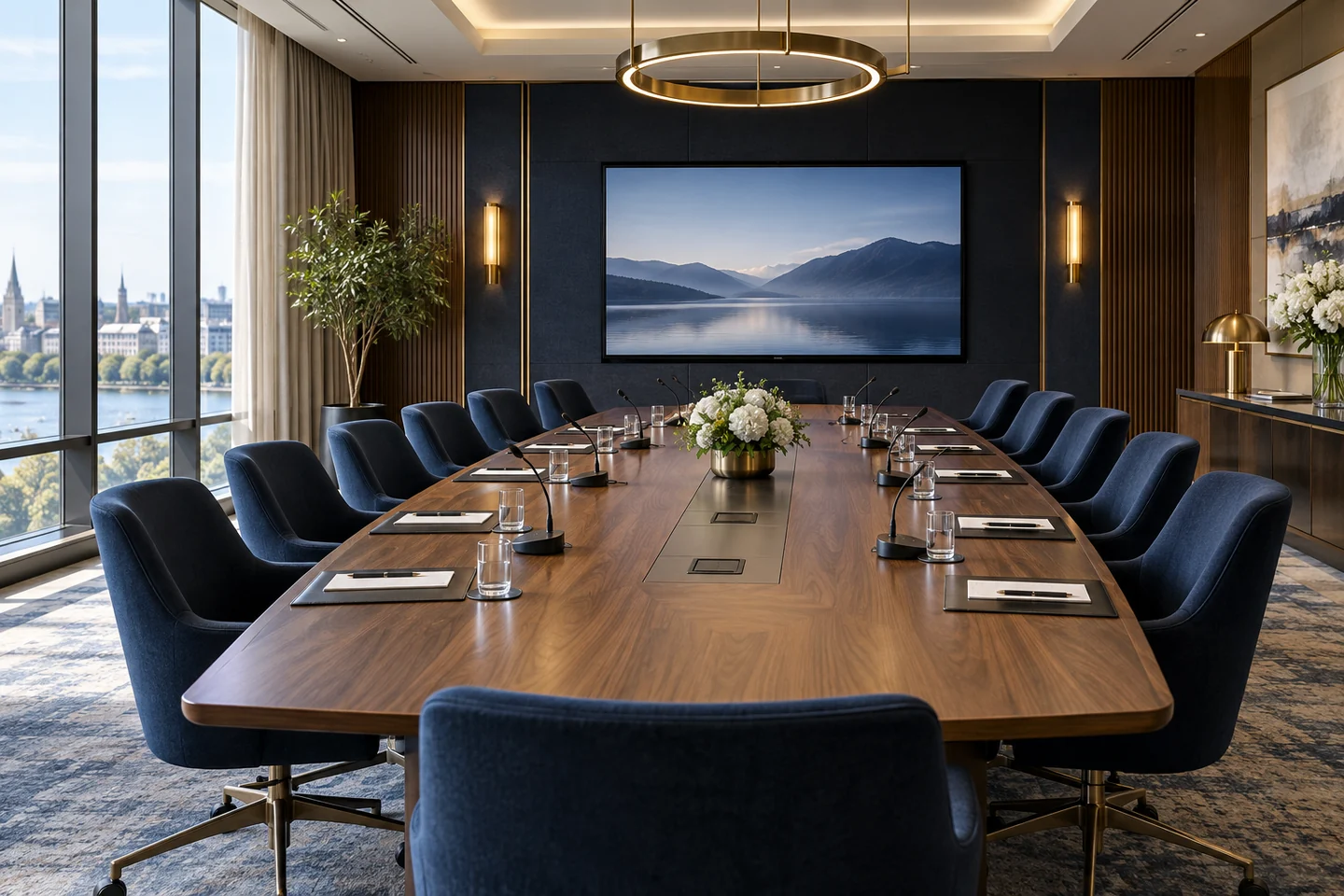 Walnut boardroom table with navy meeting chairs and presentation display