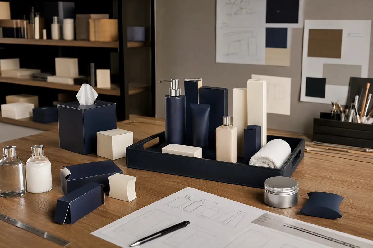 Branded hotel minibar packaging and coordinated in-room beverage presentation