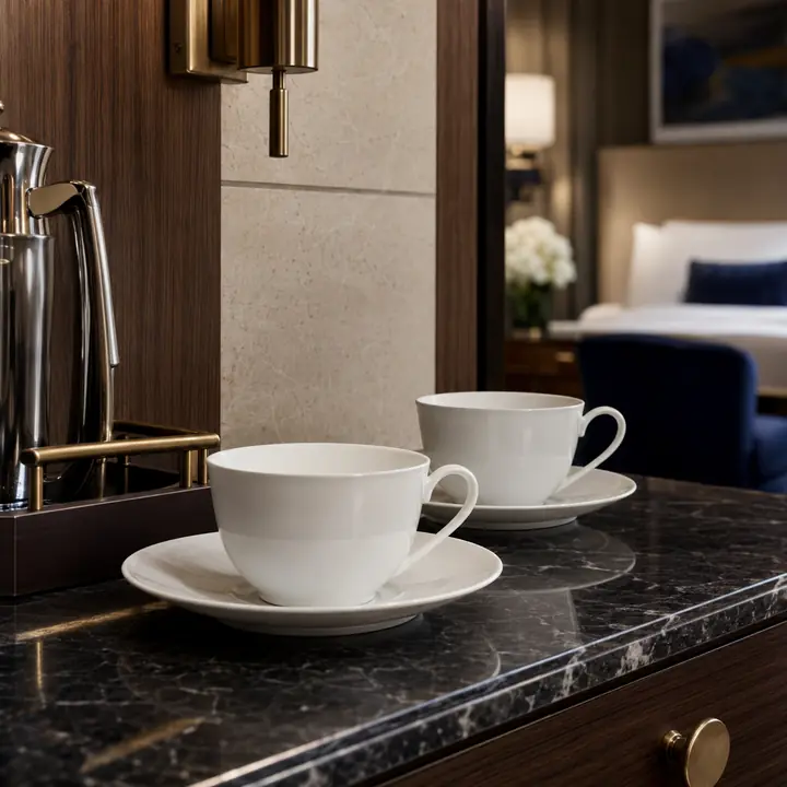 Cups and Saucers for hotel minibars and in-room beverage service