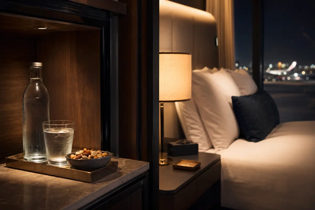 Late-arrival hotel guest using an organized minibar and hydration station