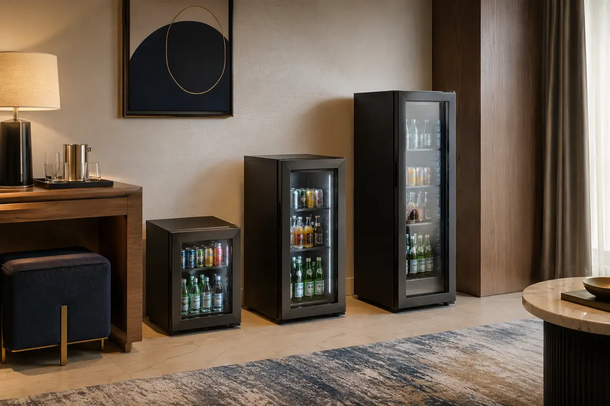 Procurement team measuring minibar refrigerator capacity and product fit