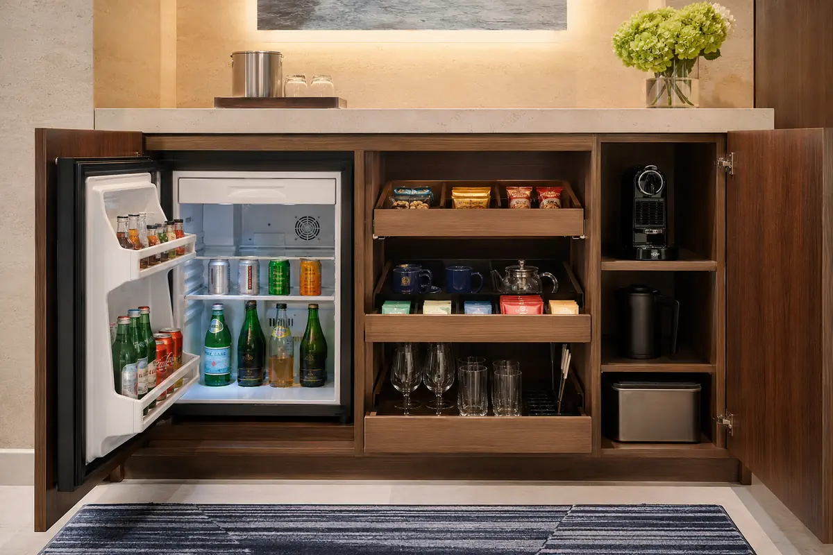 Well-organized hotel minibar layout with beverages, snacks, and service accessories