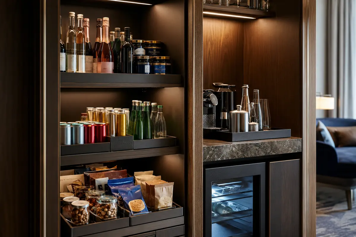Hotel minibar products arranged for clear guest-facing merchandising