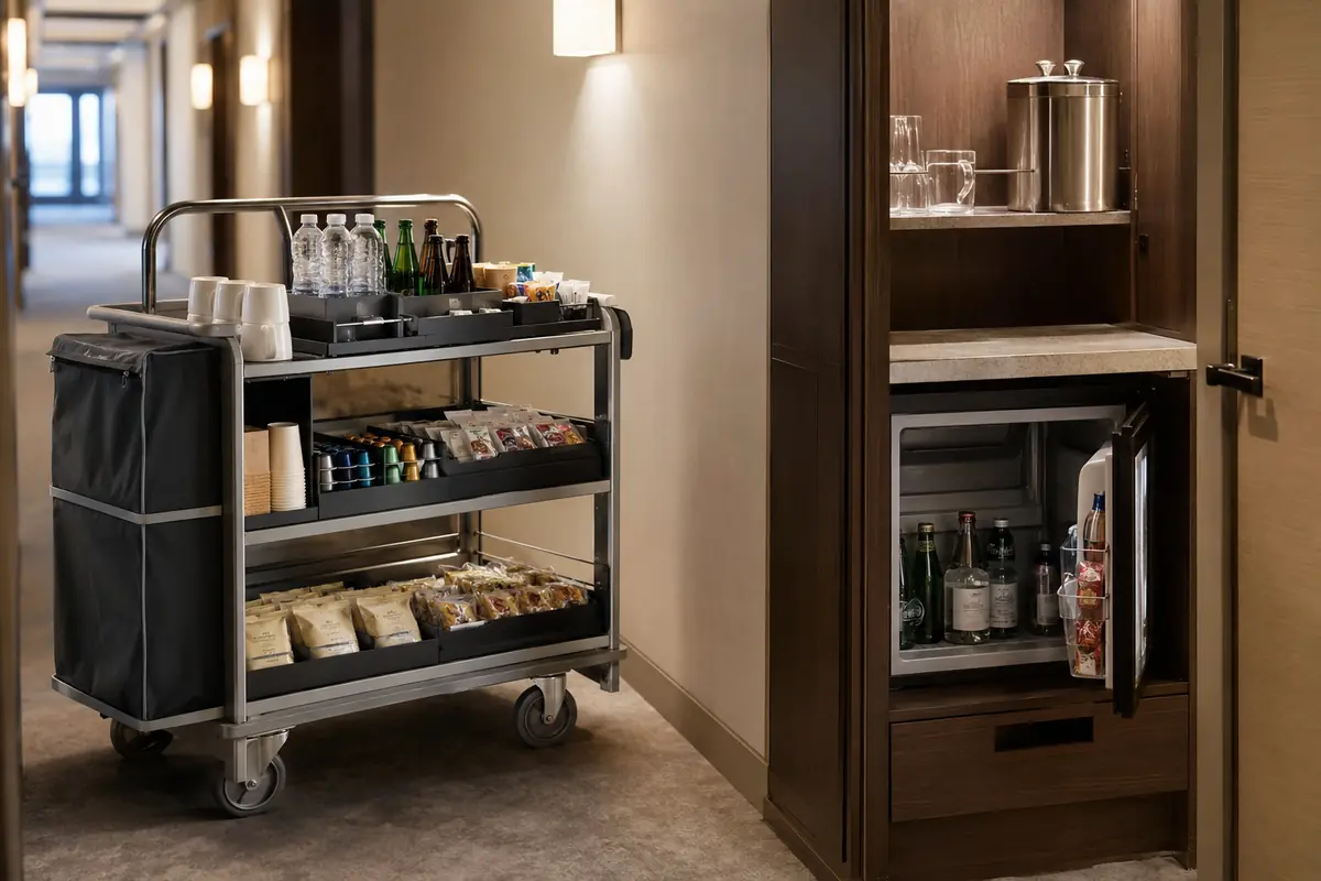 Organized hotel minibar replenishment support and reserve stock