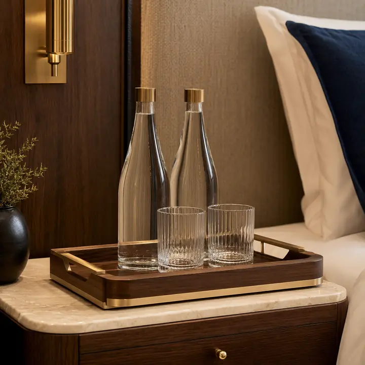 Brass and walnut hotel beverage tray with bottled water and drinking glasses
