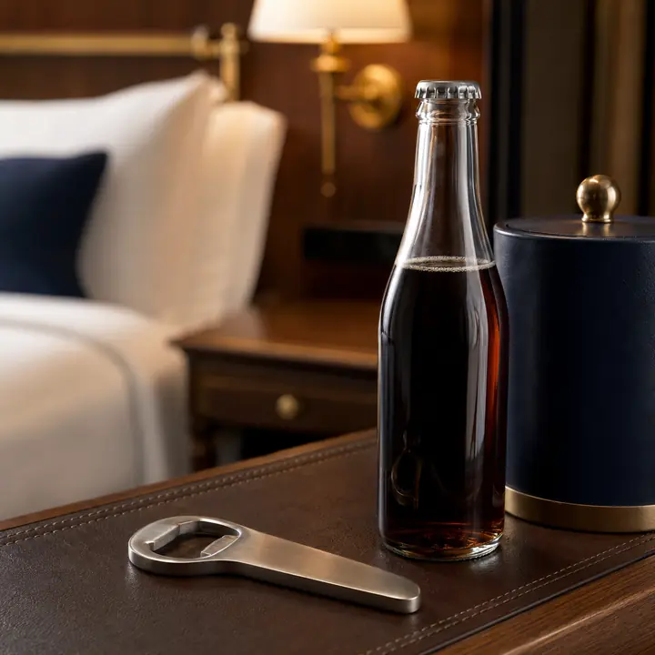 Stainless steel bottle opener beside a capped glass bottle on a minibar mat