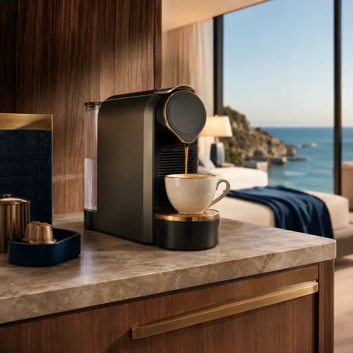 Compact capsule coffee machine preparing espresso in a hotel beverage nook