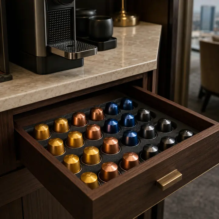 Metallic coffee capsules organized in a hotel beverage-station drawer
