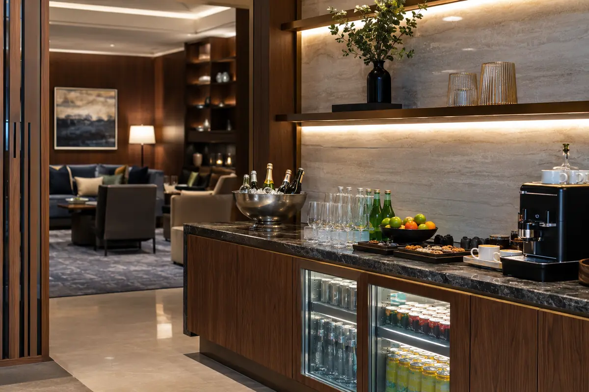 VIP hotel executive lounge beverage setup with chilled drinks and coffee service