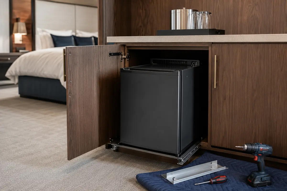 Compact minibar refrigerator being fitted into a custom hotel cabinet
