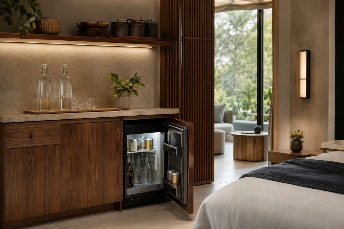 Low-waste hotel minibar with refillable water and energy-efficient refrigeration