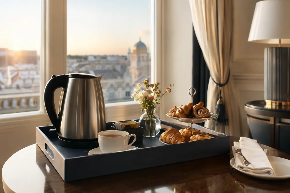 Morning hotel tea service with kettle, porcelain cup, pastries, and sunrise light