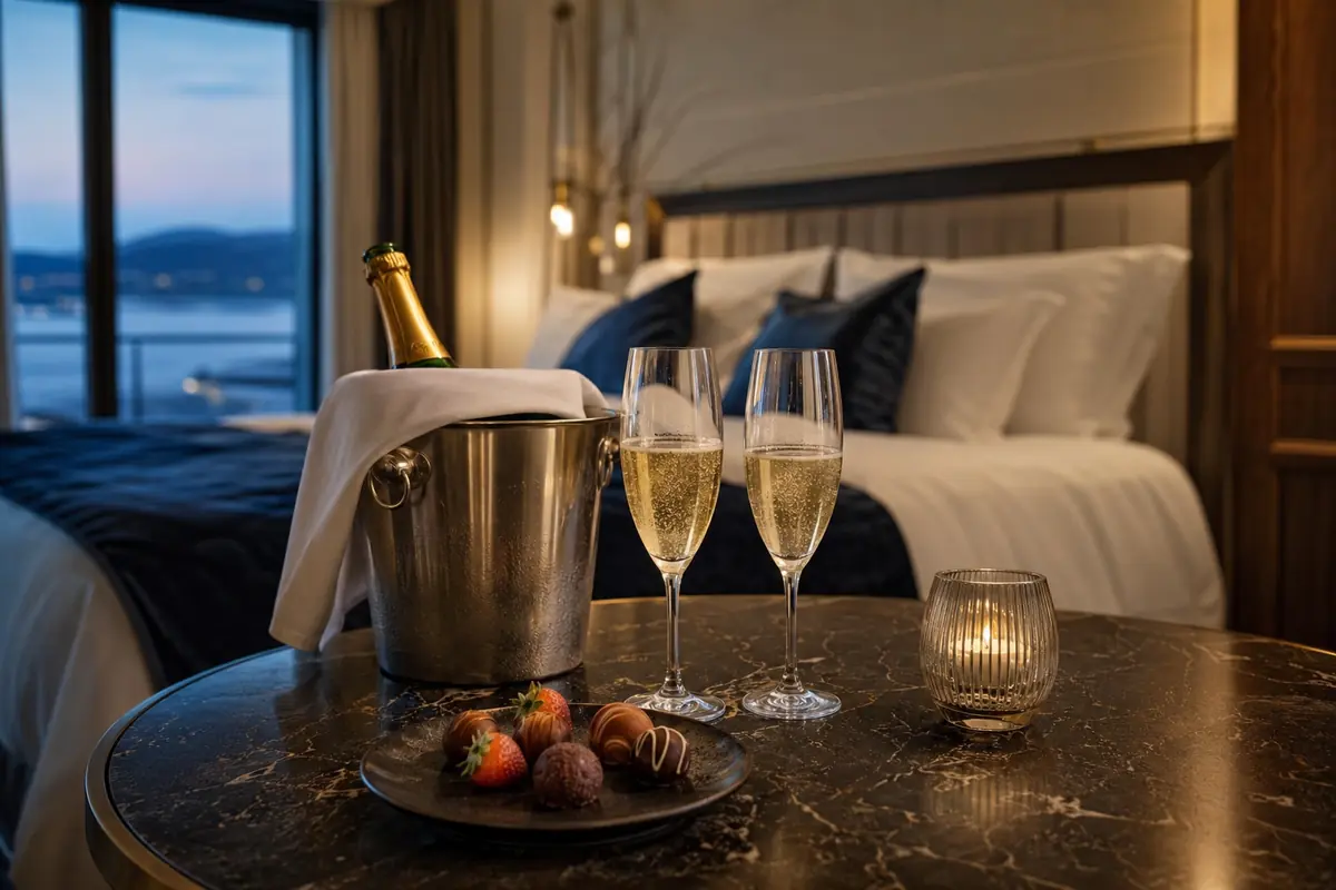 Celebratory in-room beverage setup with sparkling drink, flutes, and dessert