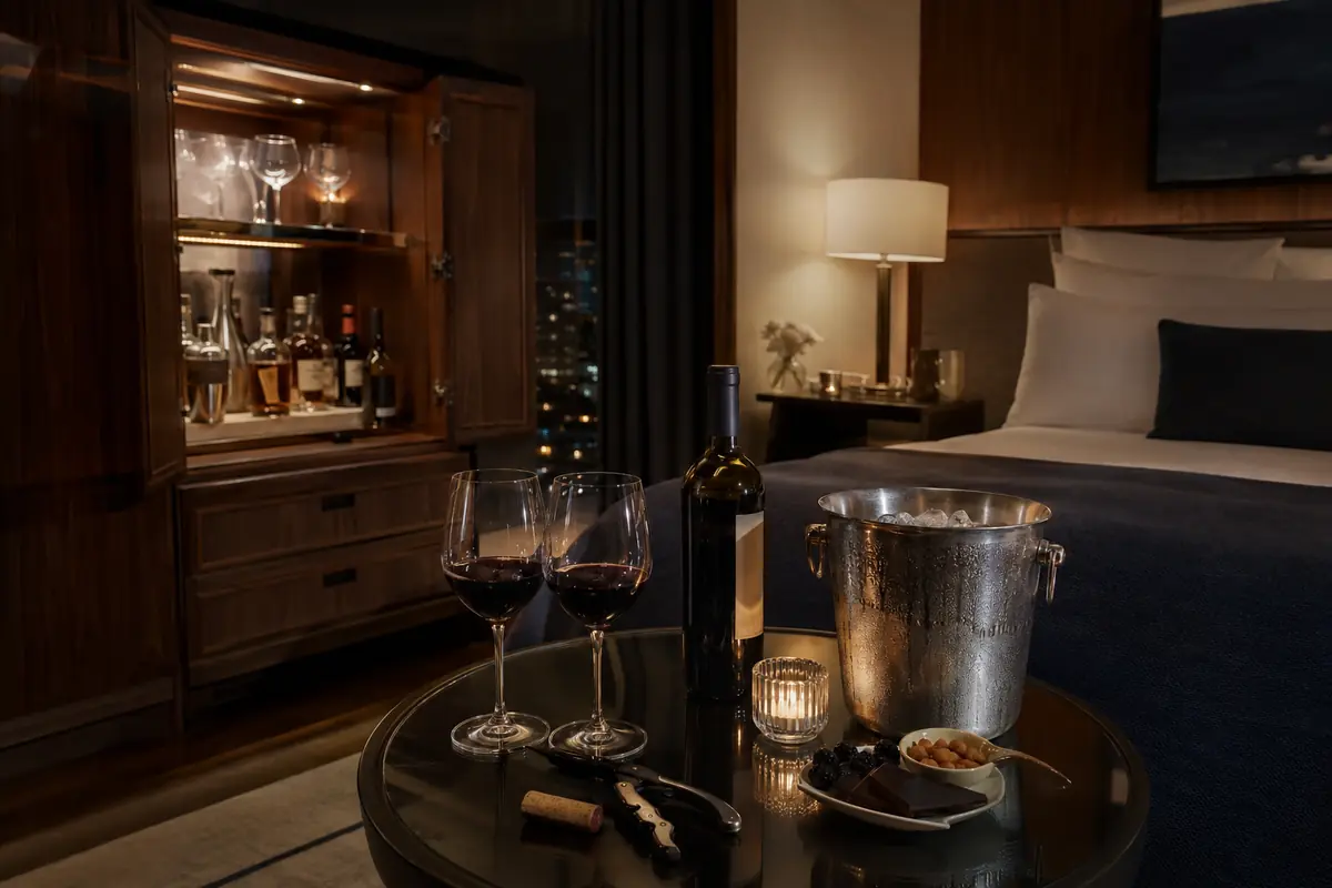 Evening in-room wine service with bottle, corkscrew, glasses, and ice bucket