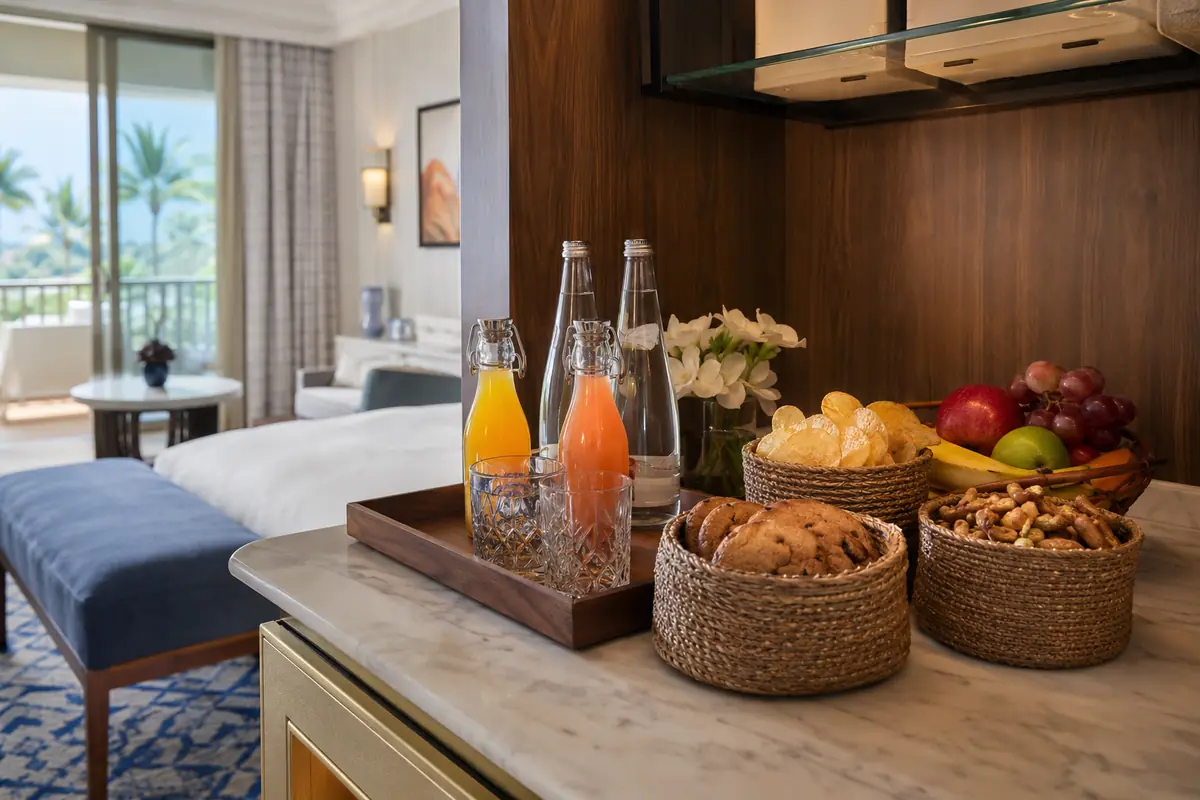 Family-friendly hotel snack setup with juice, water, and balanced packaged snacks