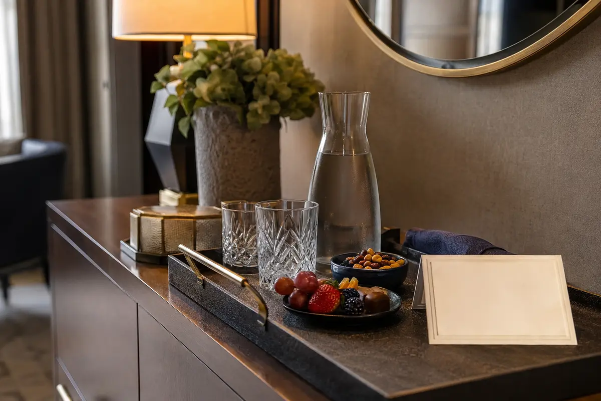Hotel welcome beverage and snack amenity arranged on a distinctive tray