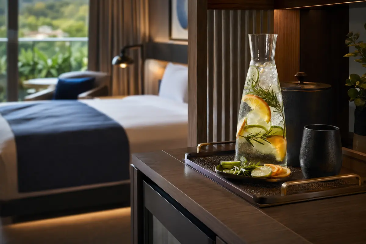 Wellness hotel hydration station with chilled water and herbal infusion