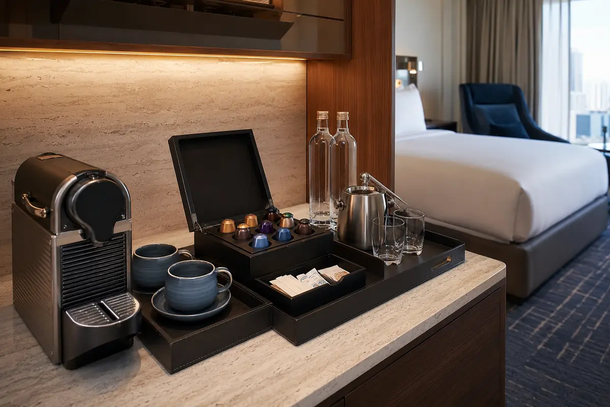 Complete in-room capsule coffee program with machine, capsules, cups, and water
