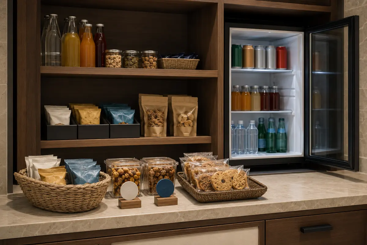 Organized sealed minibar products arranged for shelf-life rotation