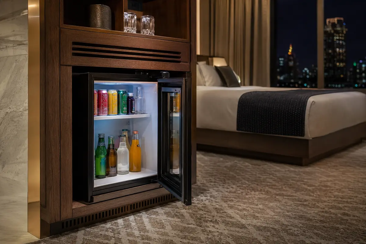 Silent compact hotel minibar integrated beneath cabinetry near a sleeping area
