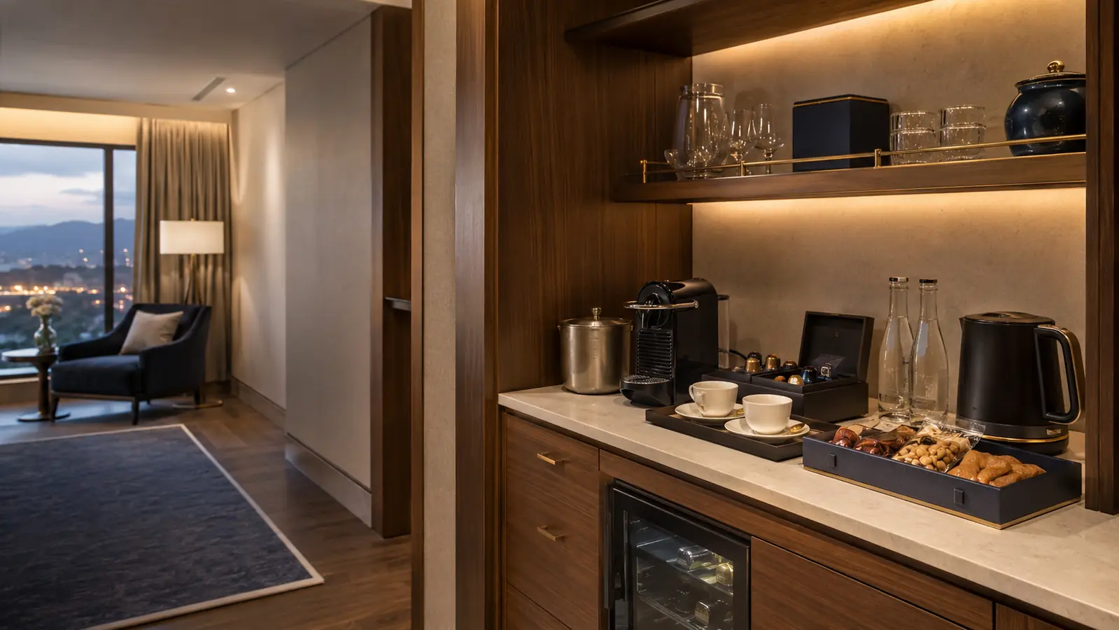 Luxury hotel suite with a complete integrated minibar and in-room beverage station