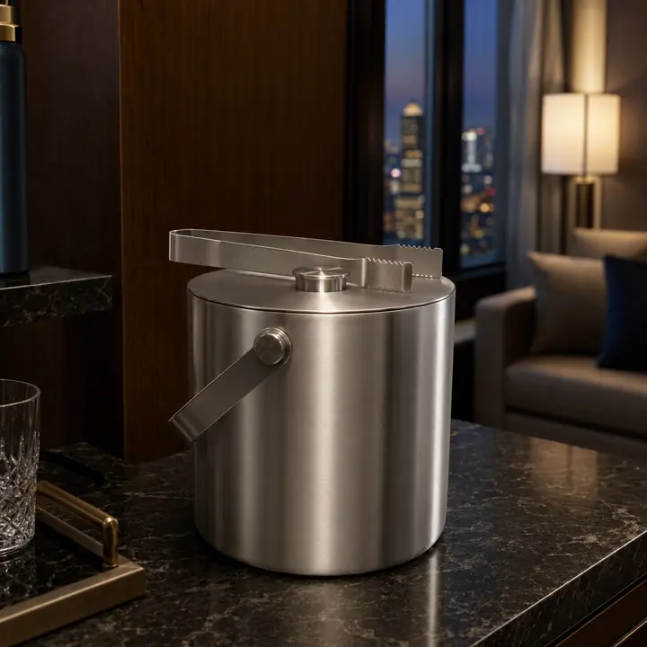 Brushed stainless steel hotel ice bucket with matching tongs