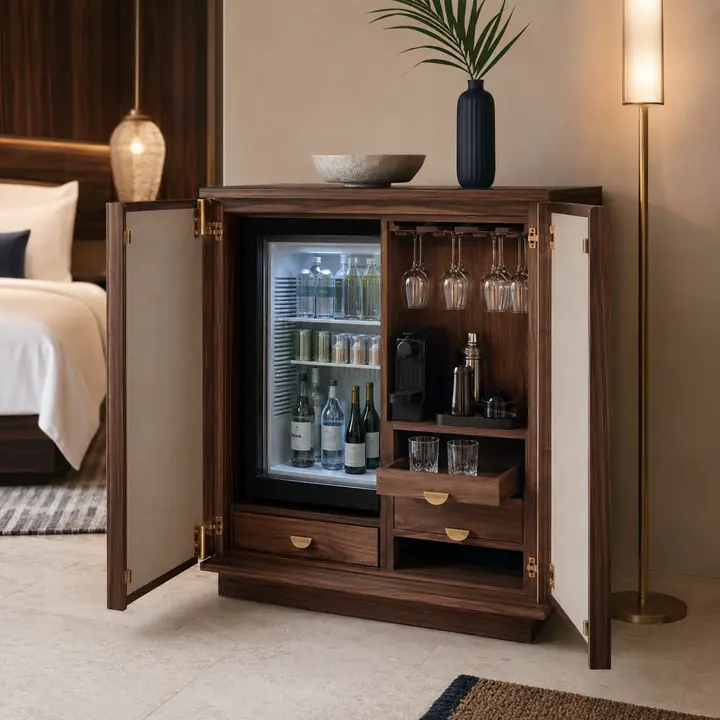 Custom walnut hotel minibar cabinet with integrated refrigerator and glassware storage