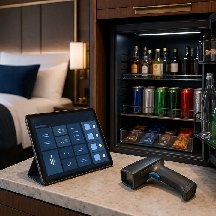 Hotel minibar inventory scanner and tablet beside an open minibar