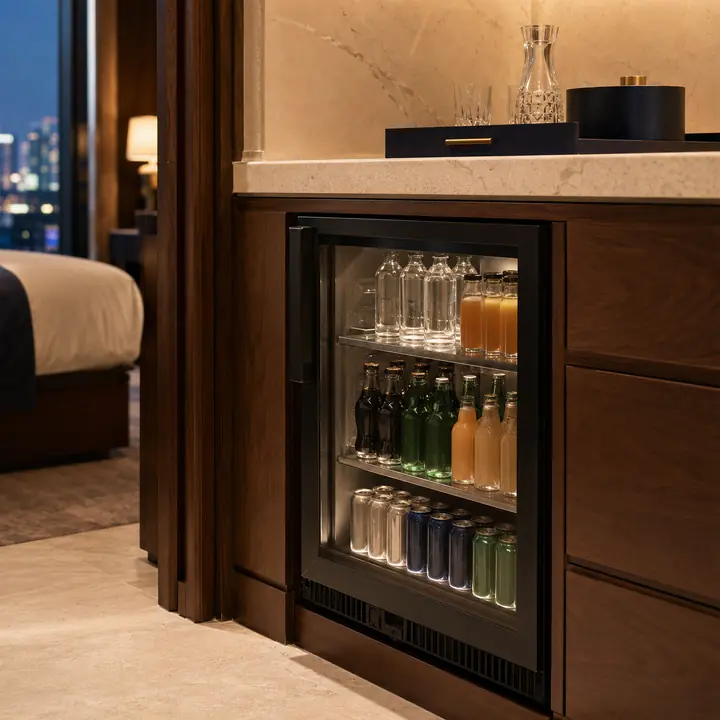Compact hotel minibar refrigerator integrated beneath a guest-room beverage counter