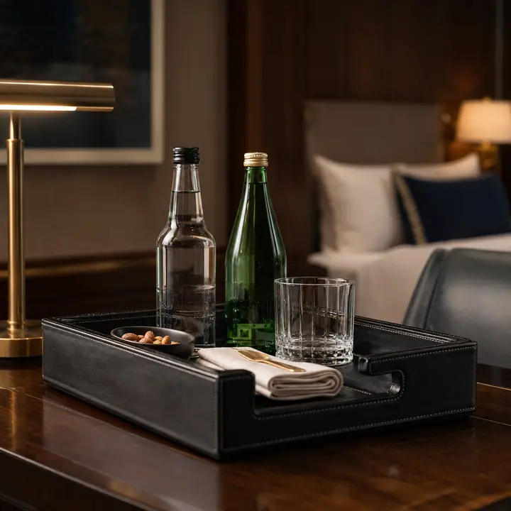 Luxury minibar presentation tray with bottled drinks, glass, napkin, and snack