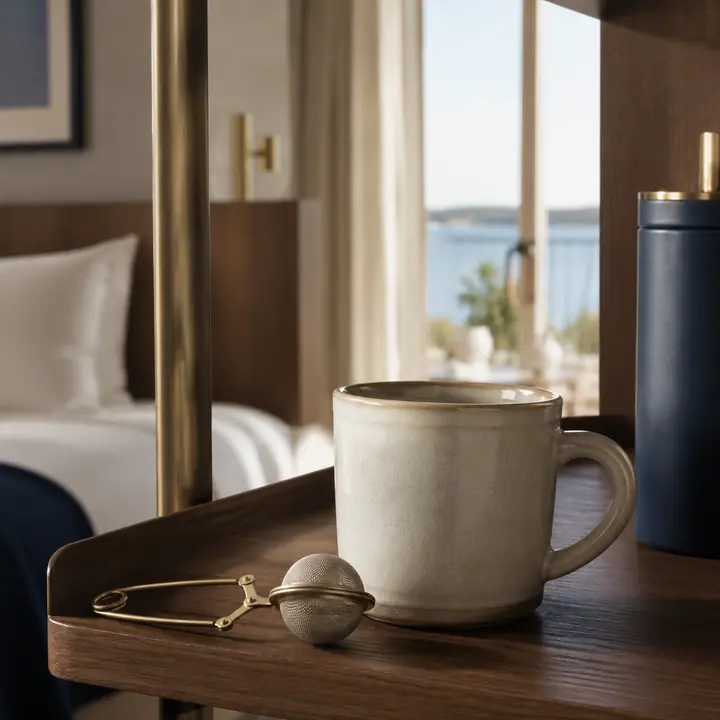 Elegant matte stoneware hotel mug beside a tea infuser