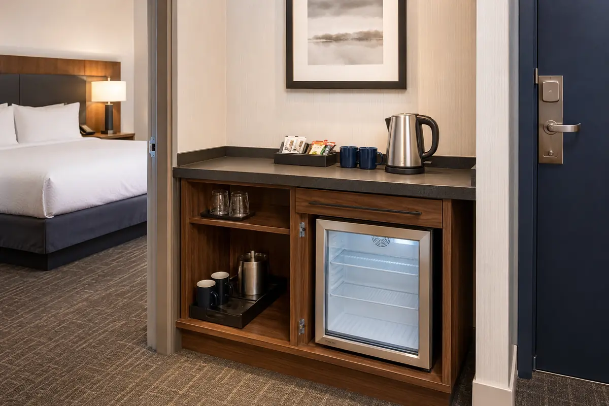 Accessible hotel beverage station with easy-grip kettle and open storage