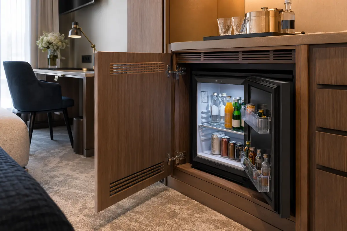 Energy-efficient minibar refrigerator integrated with correct cabinet ventilation